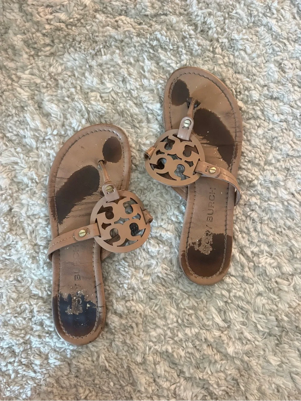 Tory Burch Tan Leather Miller Logo Thong Sandals